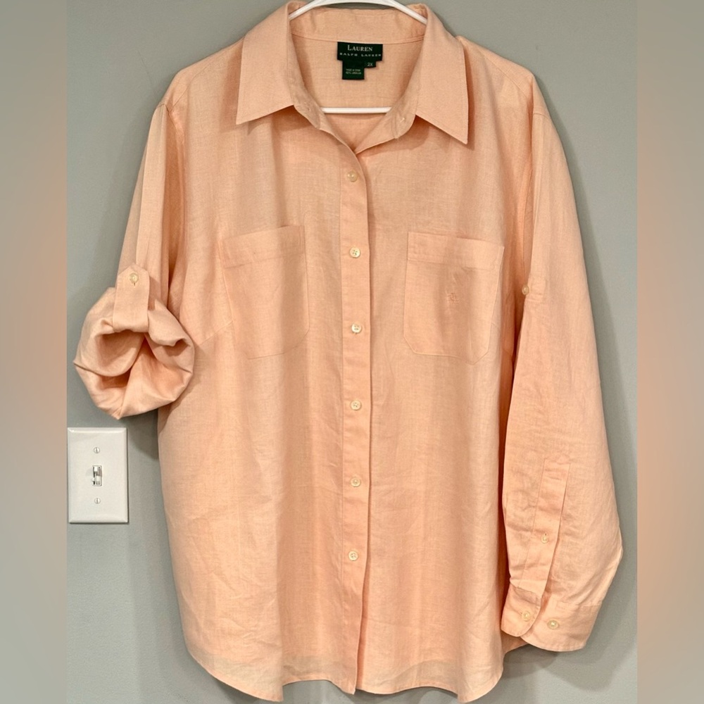 LAUREN by RALPH LAUREN Peach Linen CONVERTIBLE Button Down Blouse Shirt 2X